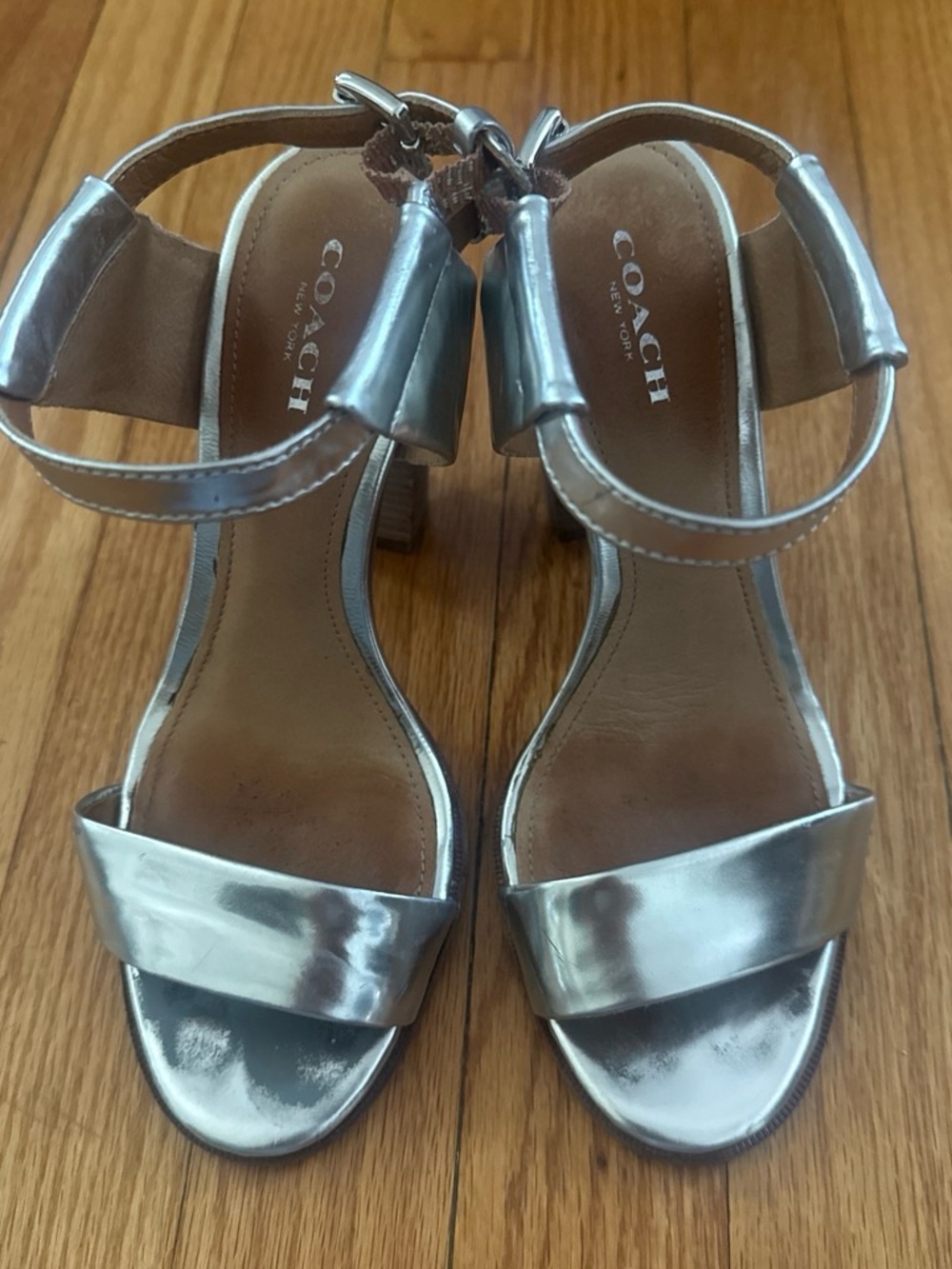 Coach Silver Leather Ankle-Strap Heels